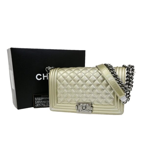 CHANEL CC Boy Bicolor Chain Shoulder Bag Patent Leather GD Silver SHW 385RK882 - Picture 1 of 16